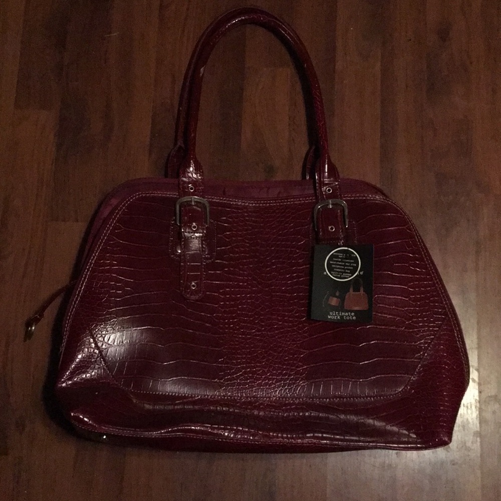 Red faux crocodile leather laptop bag
